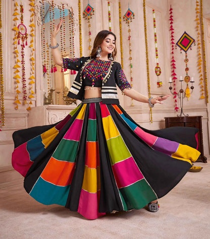 Black Multi Color Patch Work Lehenga With Thread Mirror Kodi Work Jacket