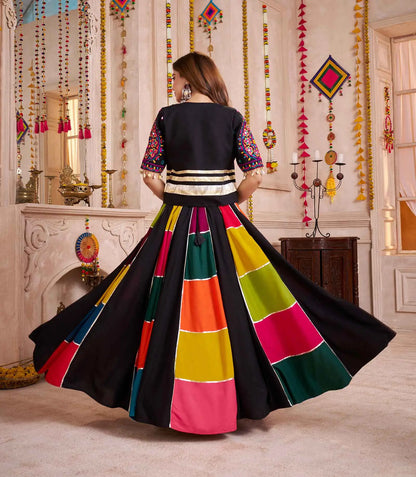 Black Multi Color Patch Work Lehenga With Thread Mirror Kodi Work Jacket