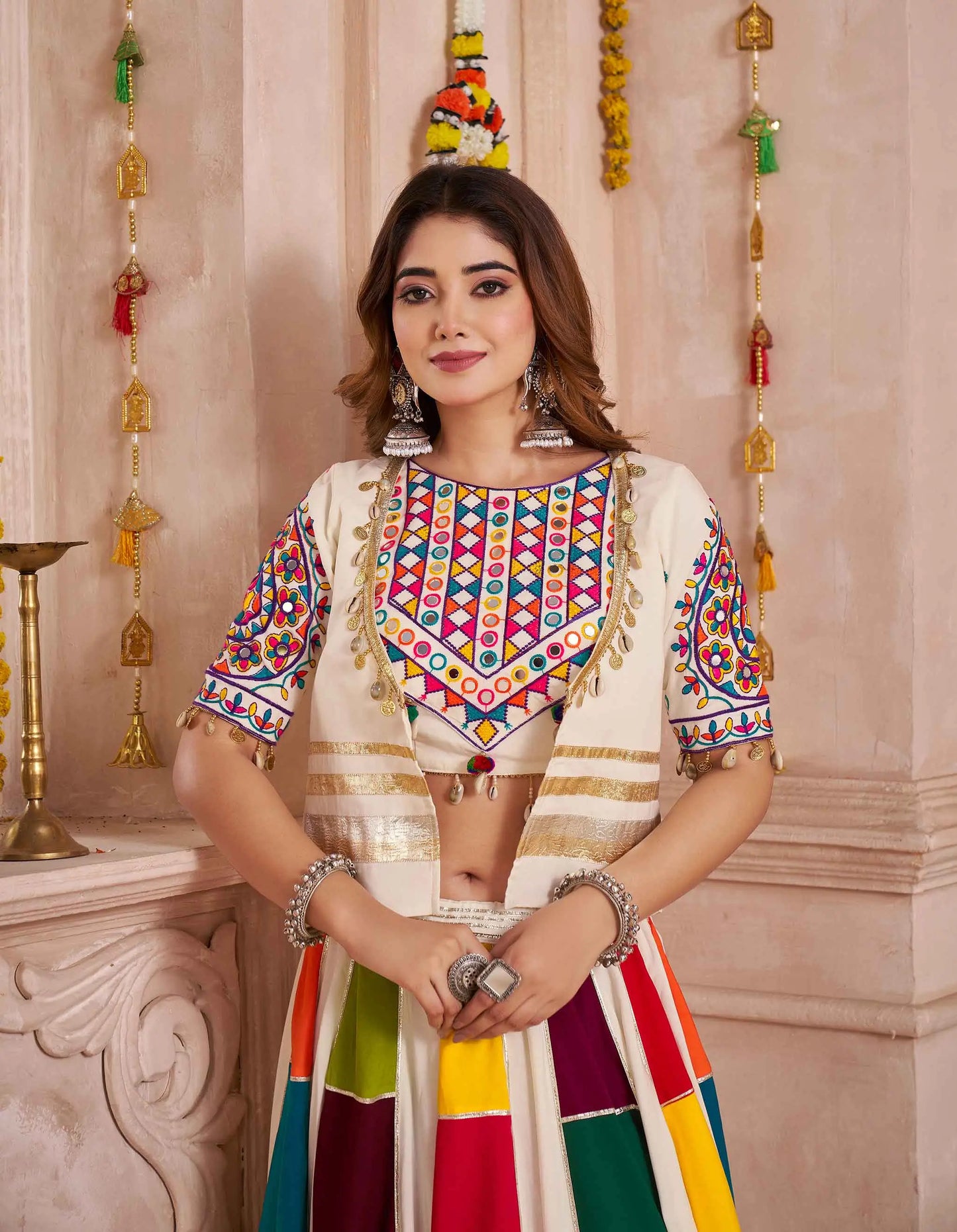 White Multi Color Patch Work Lehenga With Thread Mirror Kodi Work Jacket