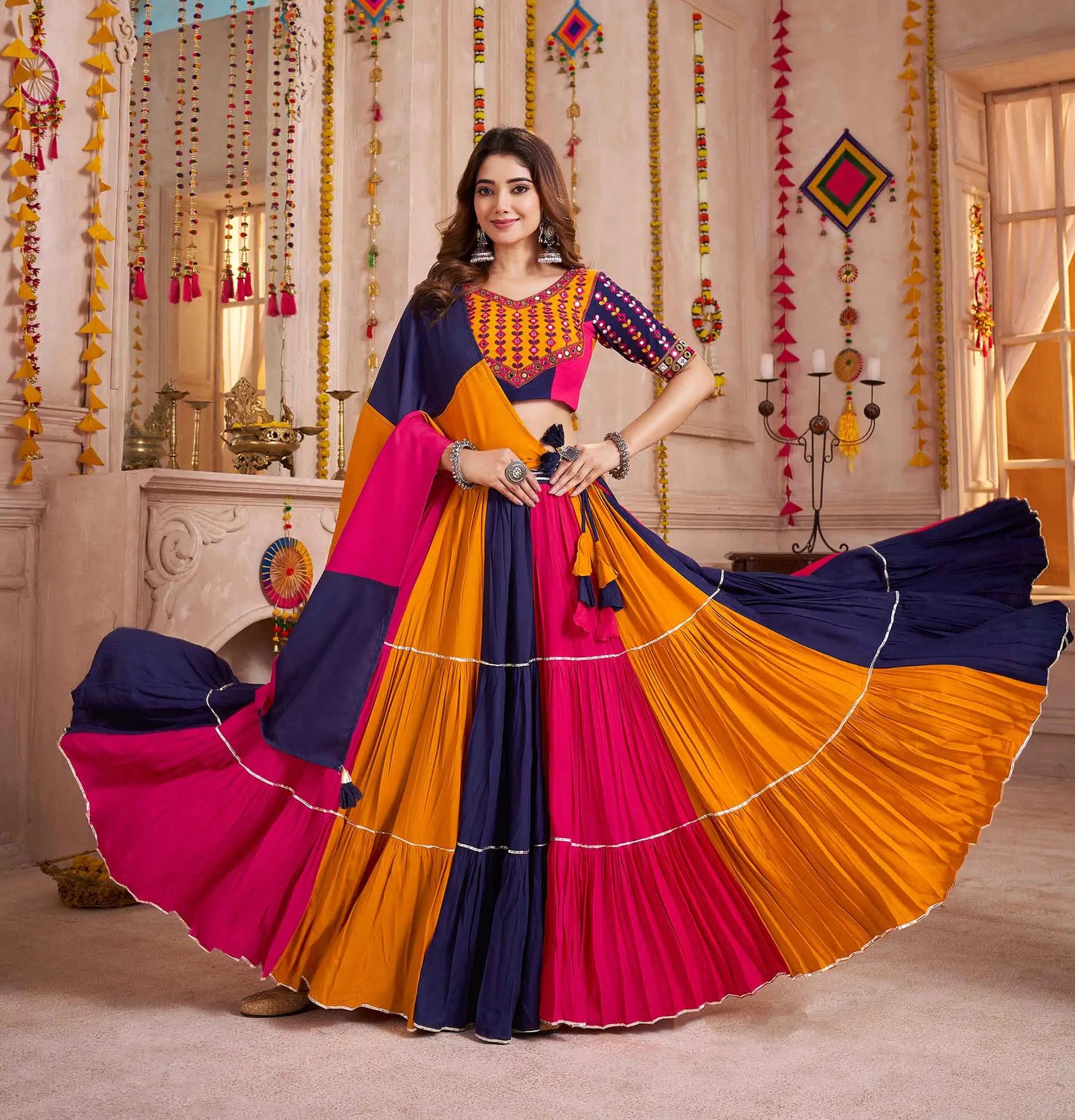 Navratri Multi Color Lehenga Choli With Kutchi Patch Work And Mirror Work