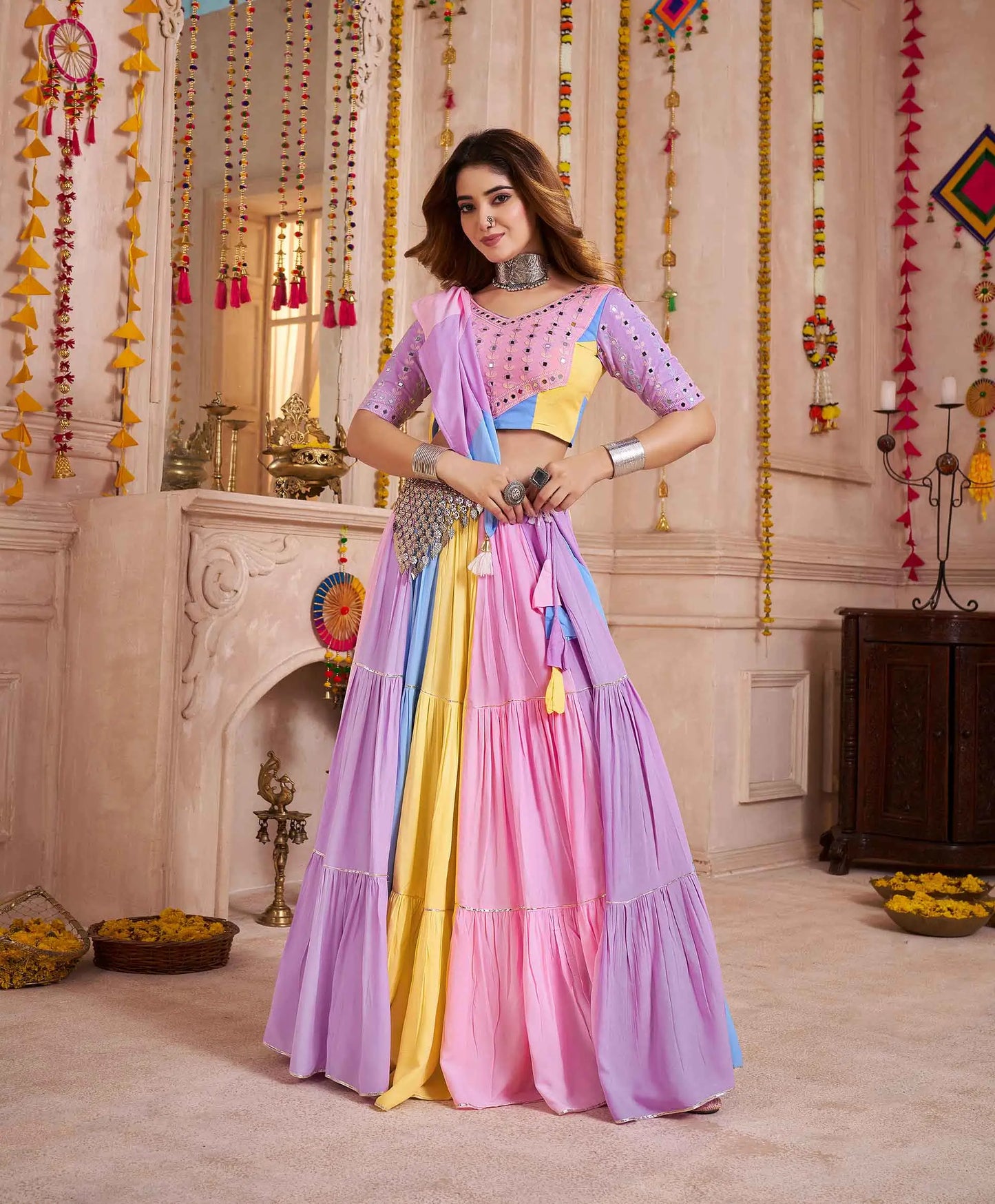 Light Multi Color Lehenga Choli With Kutchi Patch & Mirror Work For Navratri