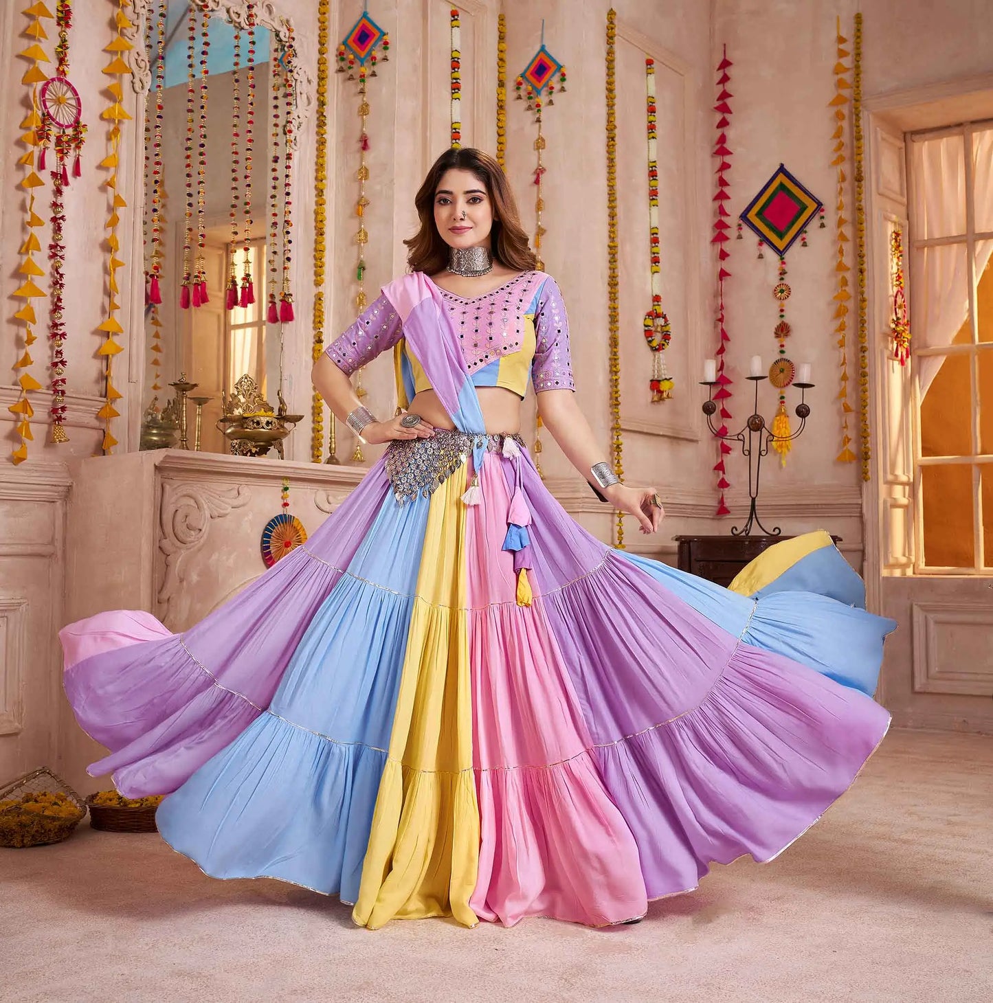 Light Multi Color Lehenga Choli With Kutchi Patch & Mirror Work For Navratri