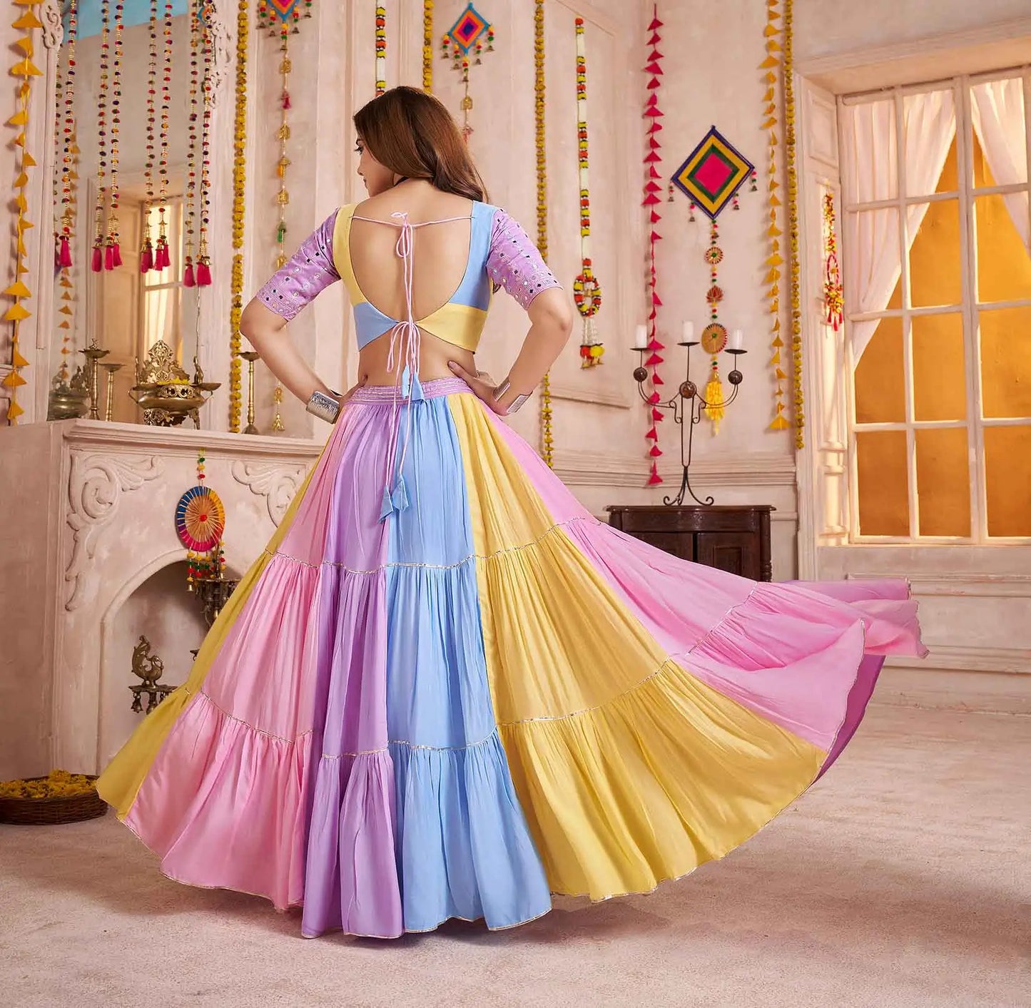 Light Multi Color Lehenga Choli With Kutchi Patch & Mirror Work For Navratri