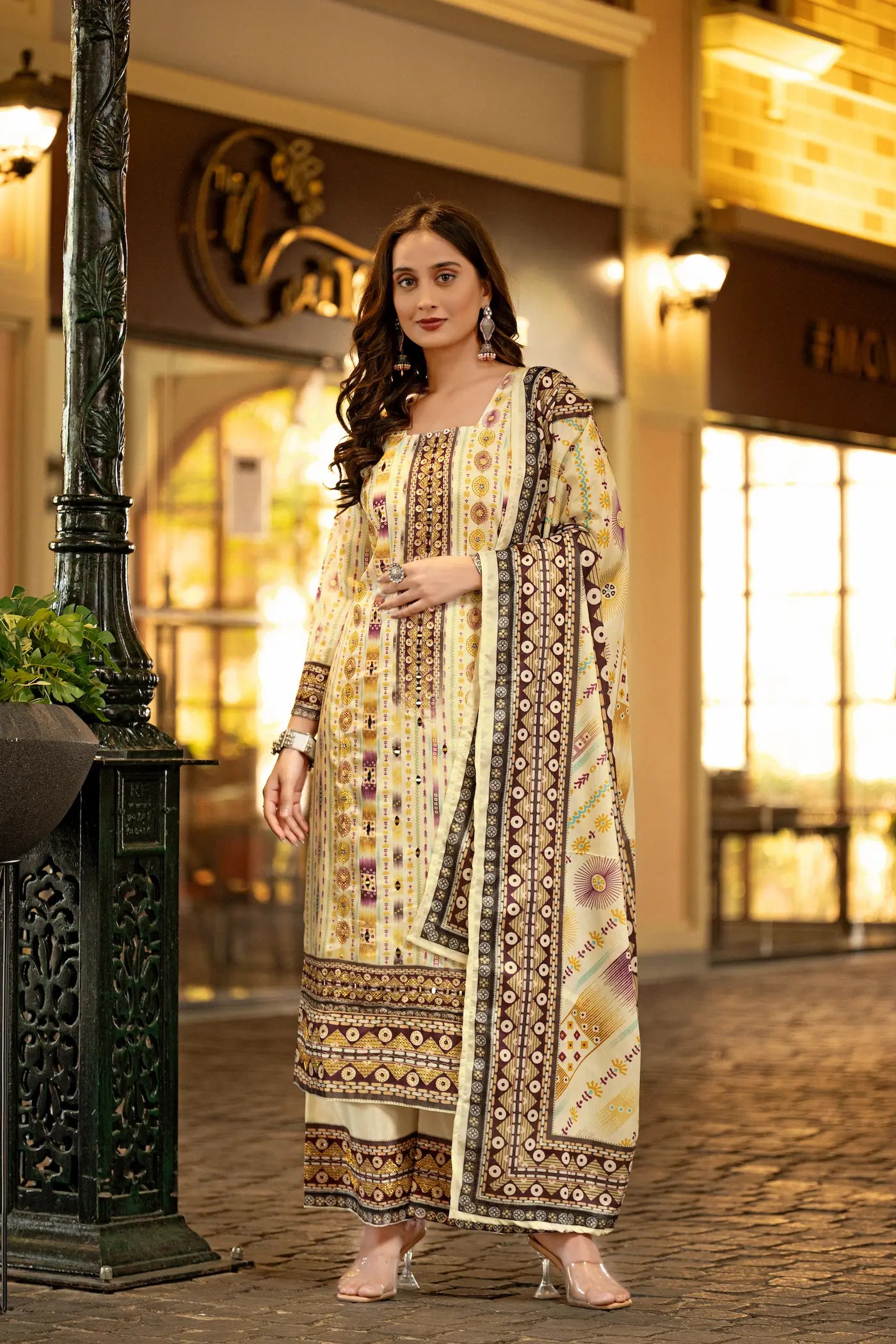 Beige Chinon Handwork & Printed Salwar Suit