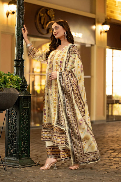 Beige Chinon Handwork & Printed Salwar Suit