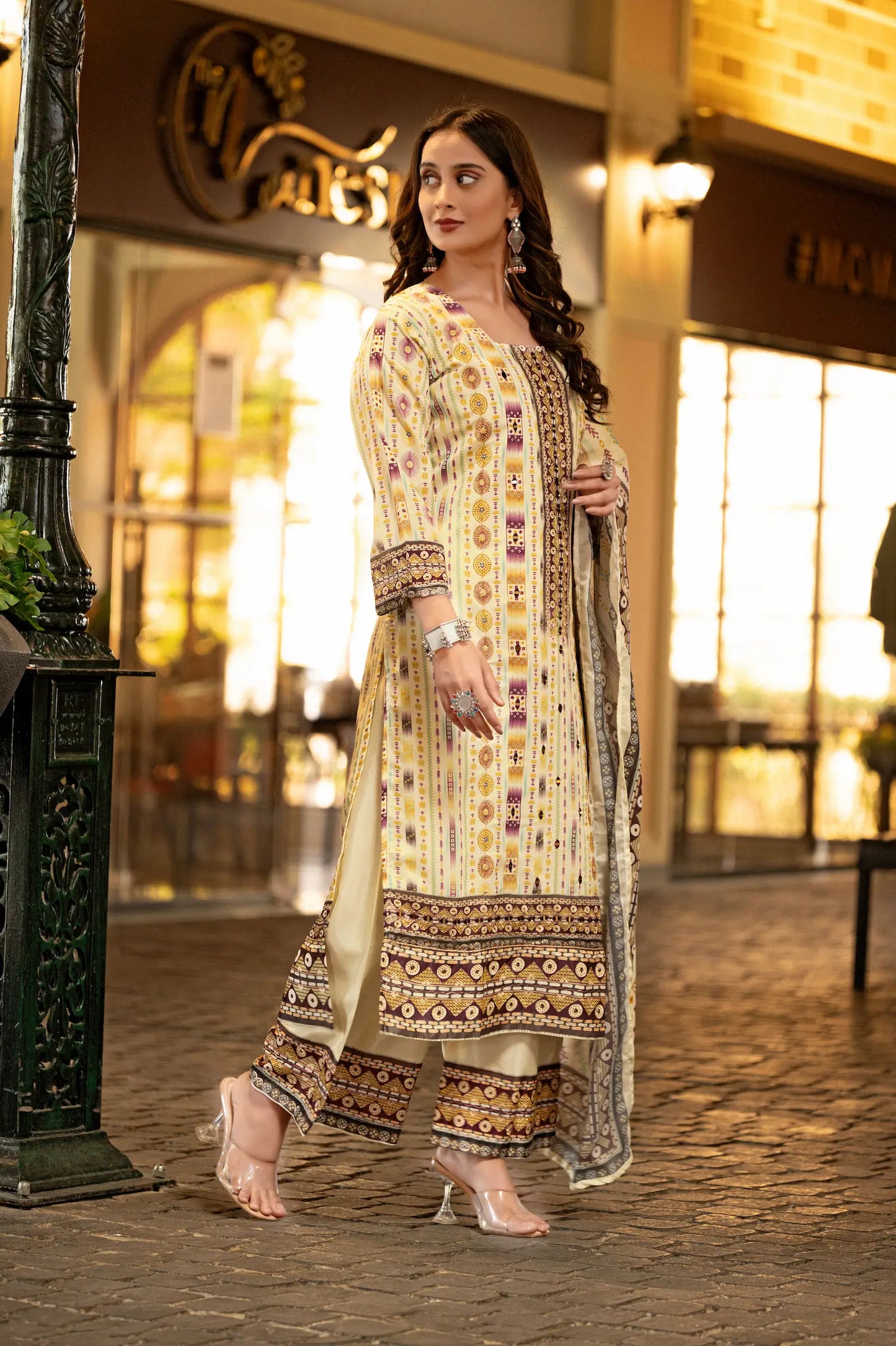 Beige Chinon Handwork & Printed Salwar Suit