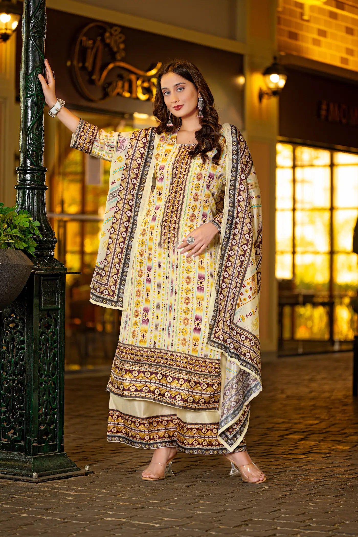 Beige Chinon Handwork & Printed Salwar Suit