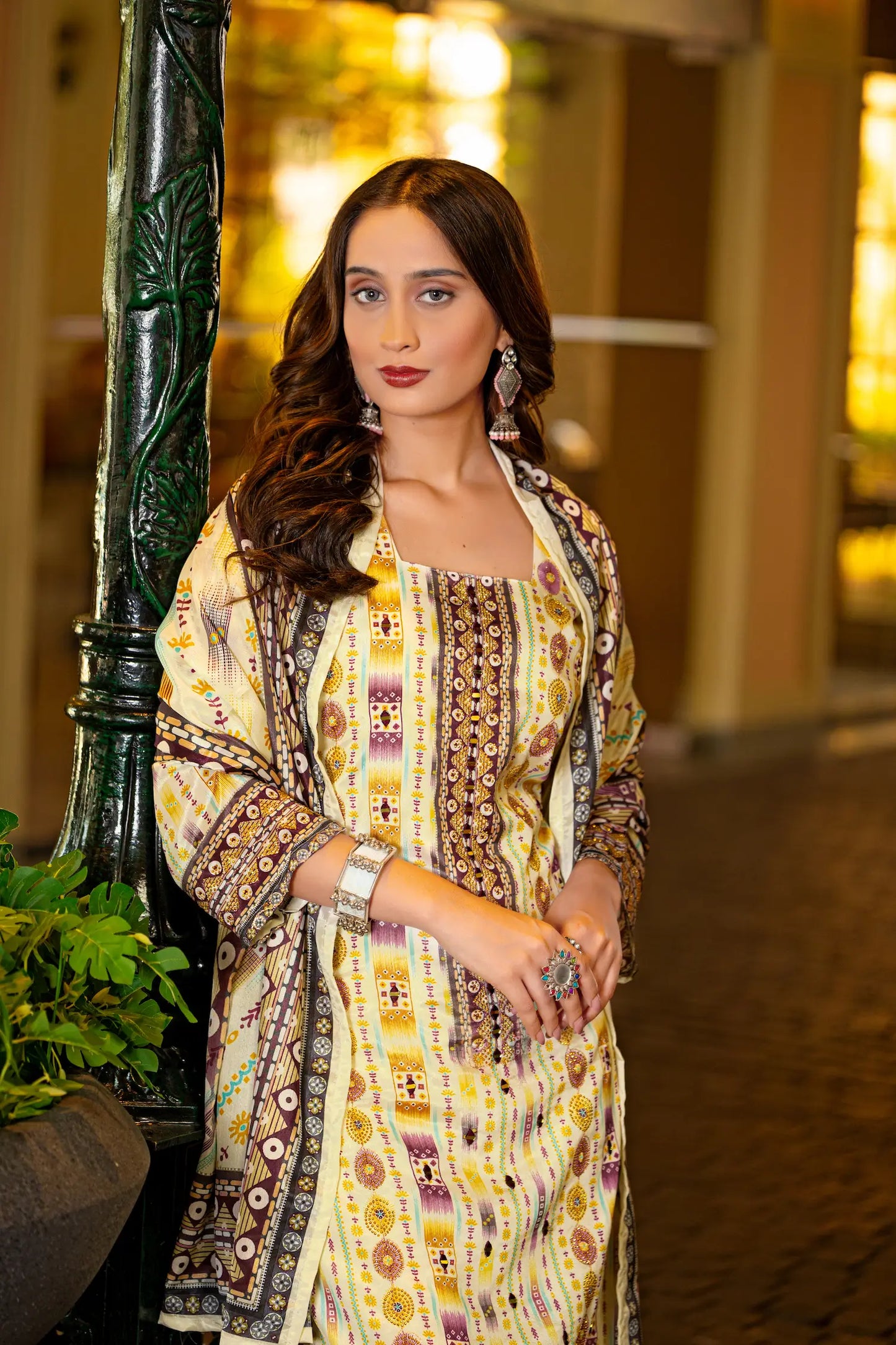 Beige Chinon Handwork & Printed Salwar Suit