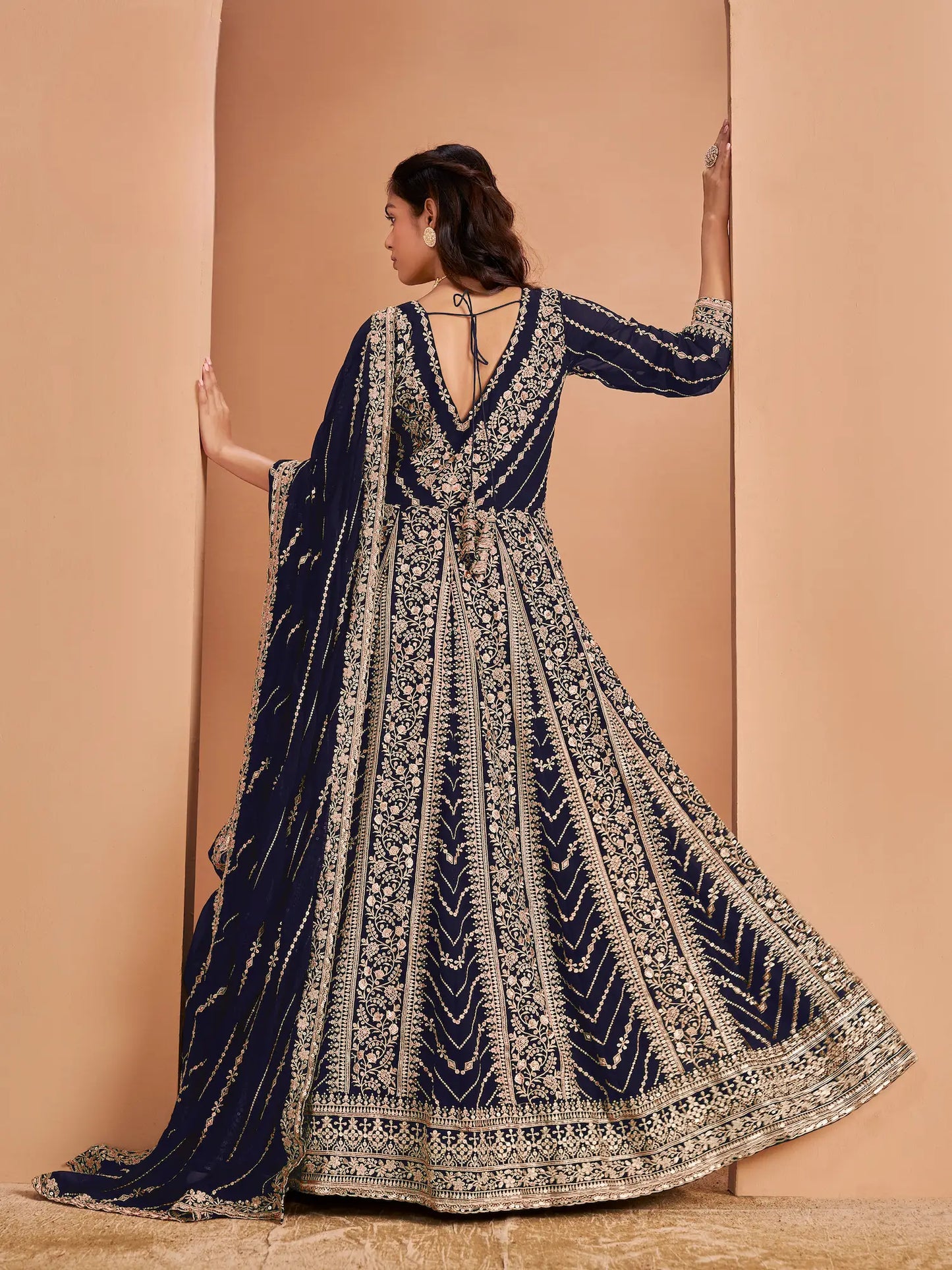 Navy Blue Georgette Gown With Sequence & Thread Embroidery Work