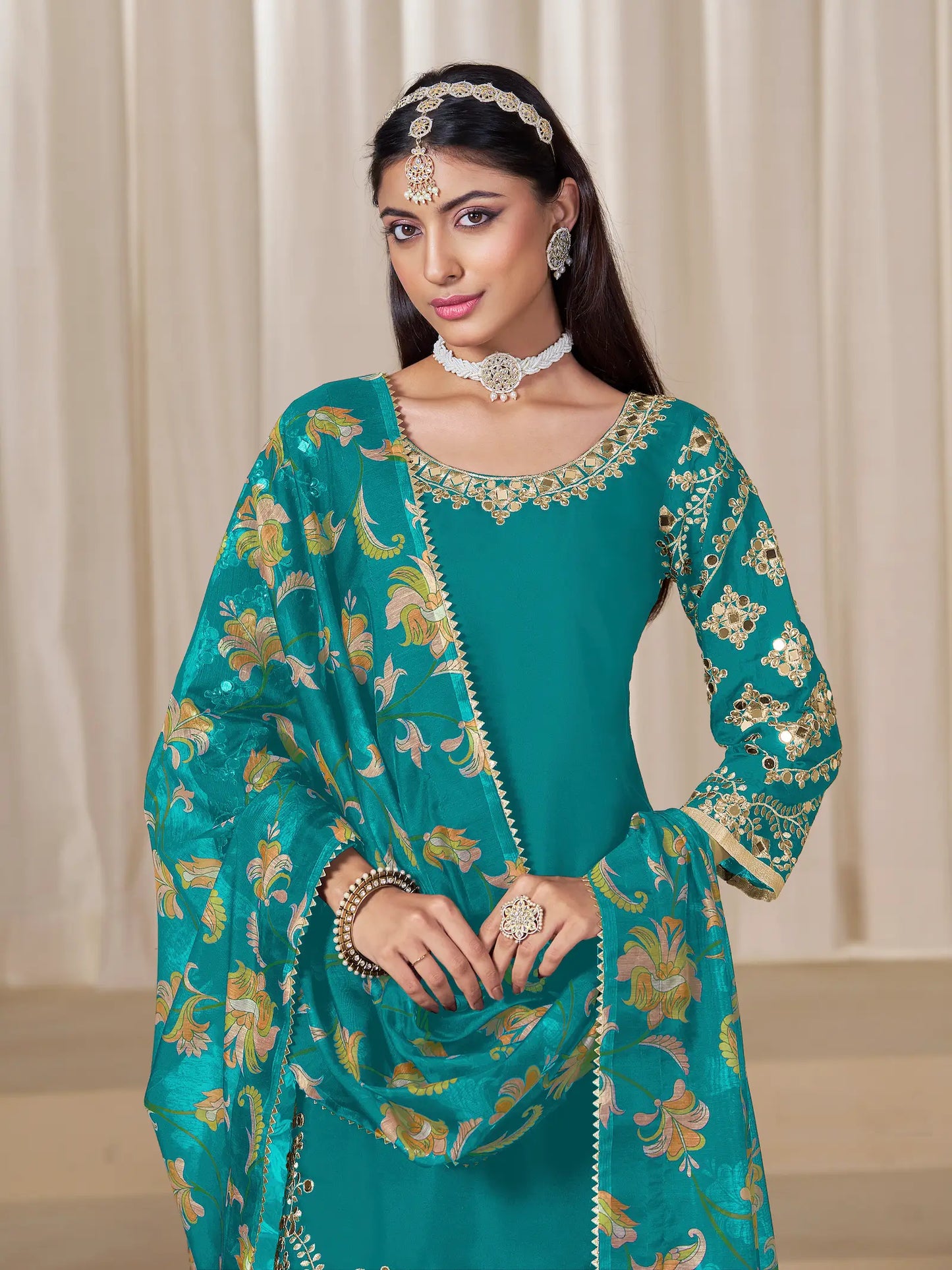 Teal Blue Roman Silk Embroidery Work Salwar Suit