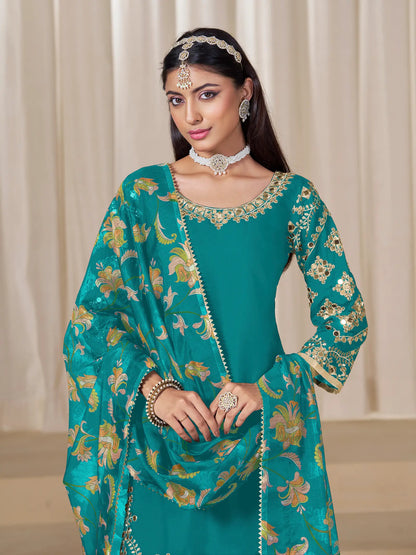 Teal Blue Roman Silk Embroidery Work Salwar Suit