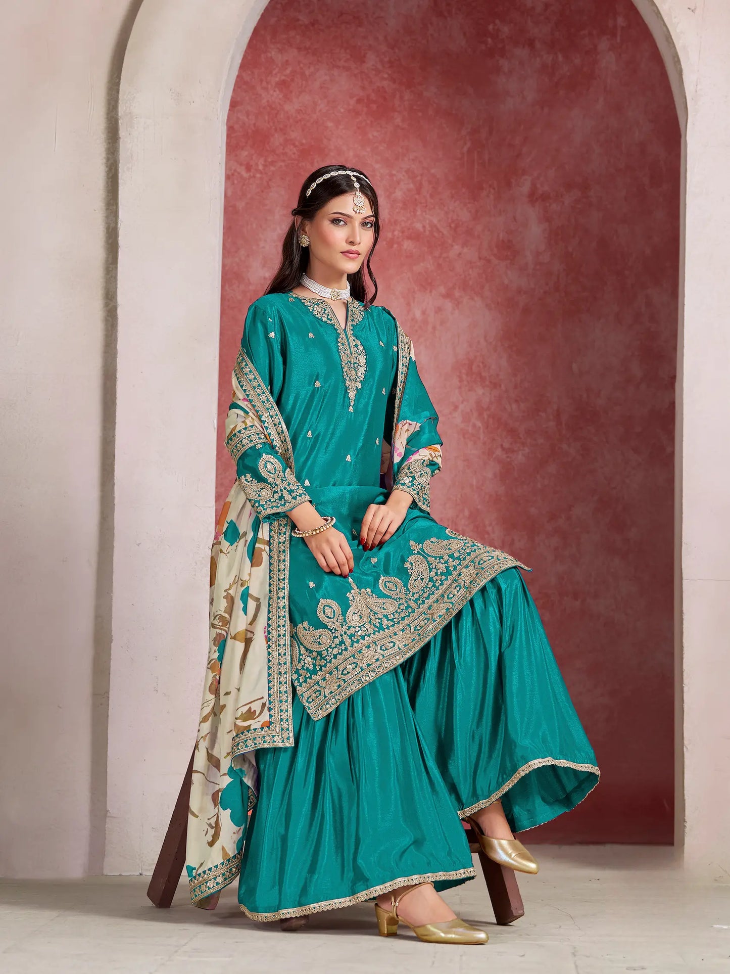 Teal Blue Chinon Embroidery Salwar suit With Organza Dupatta
