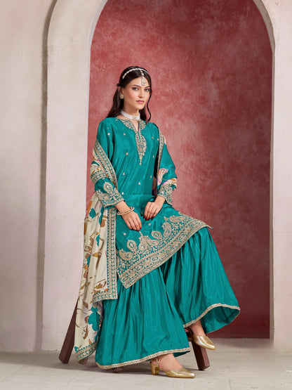 Teal Blue Chinon Embroidery Salwar suit With Organza Dupatta