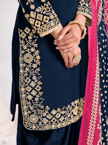 Navy Blue Silk Salwar Suit With Mirror Work & Embroidery