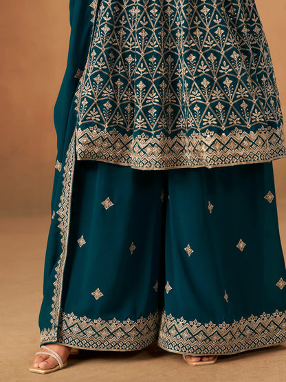 Teal Blue Georgette Embroidery Work Palazzo Set