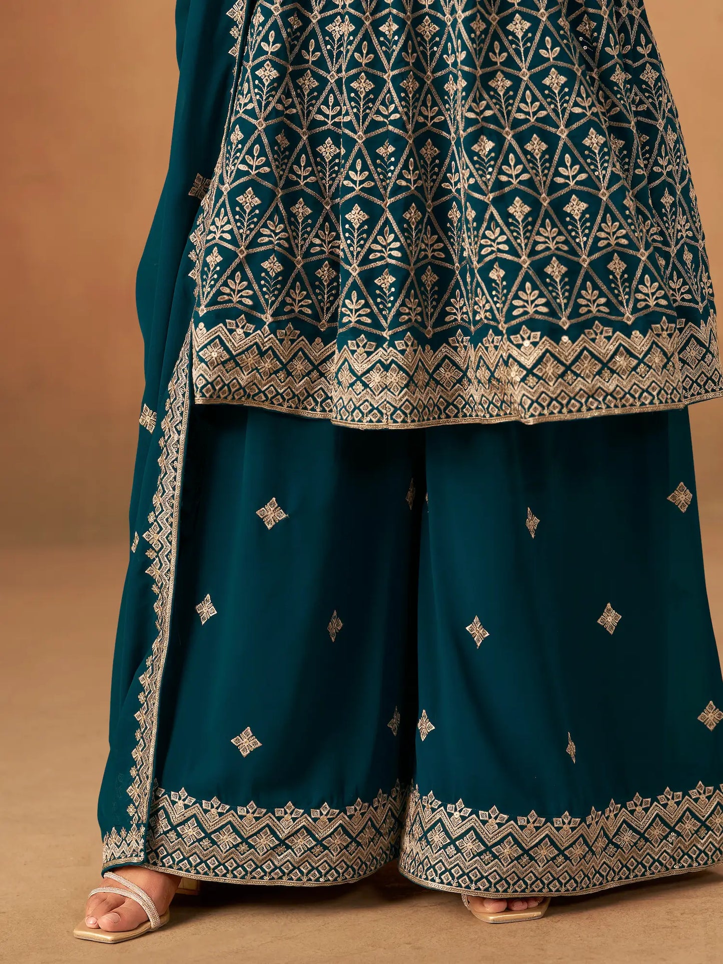 Teal Blue Georgette Embroidery Work Palazzo Set