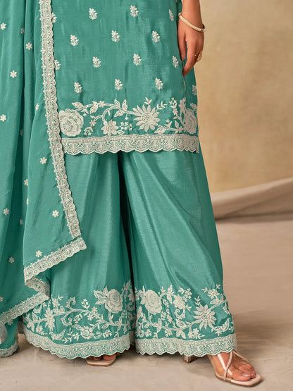 Sky Blue Chinon Embroidery Work Palazzo Suit