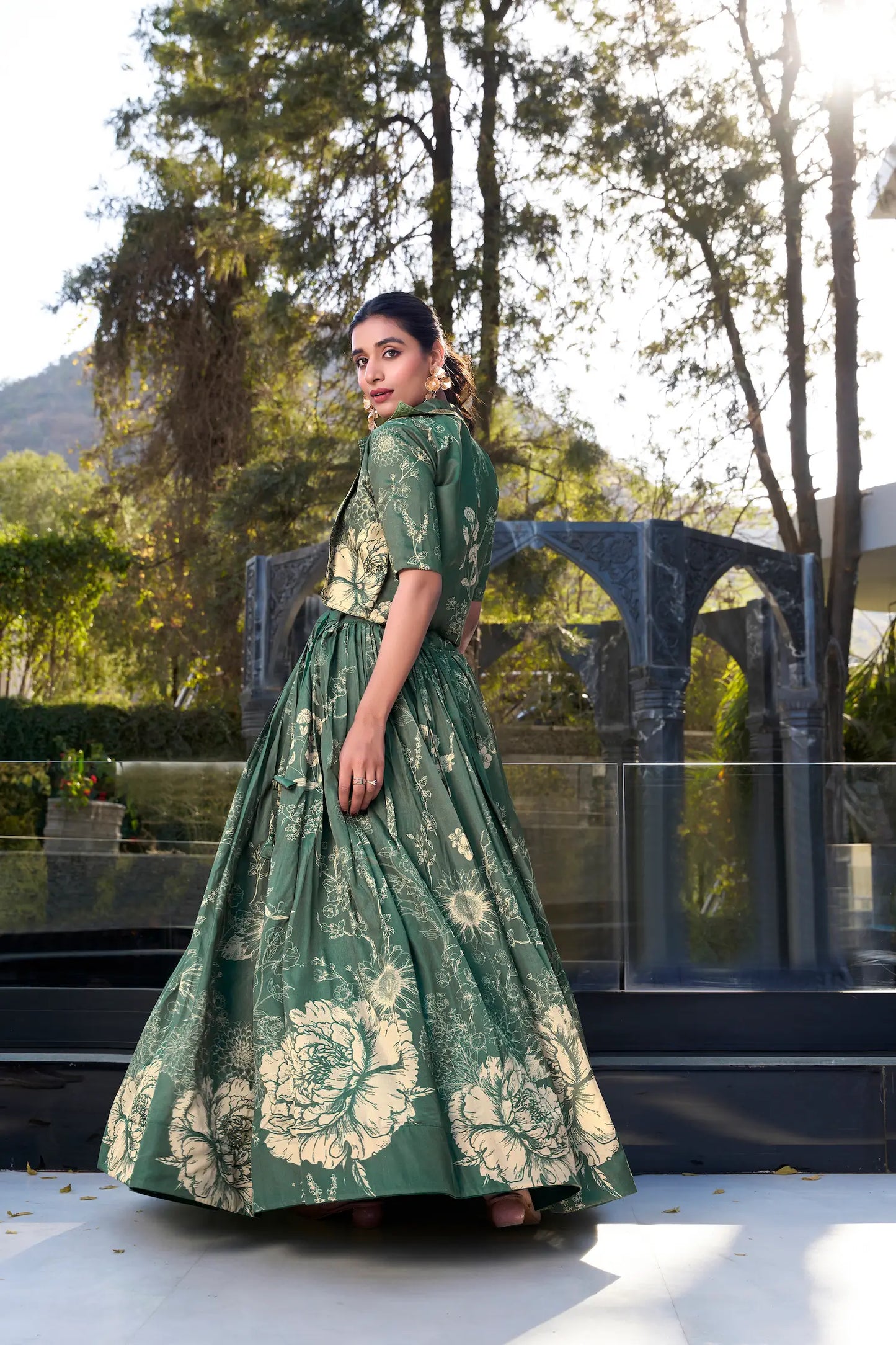 Dusty Green Tussar Silk Floral Printed Indo Western Set