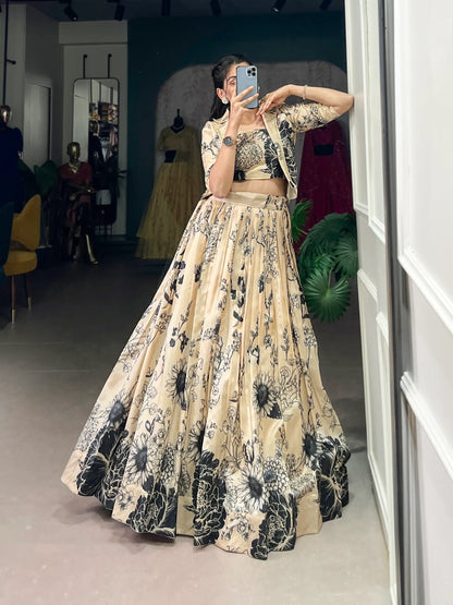 Beige Tussar Silk Floral Printed Indo Western Set