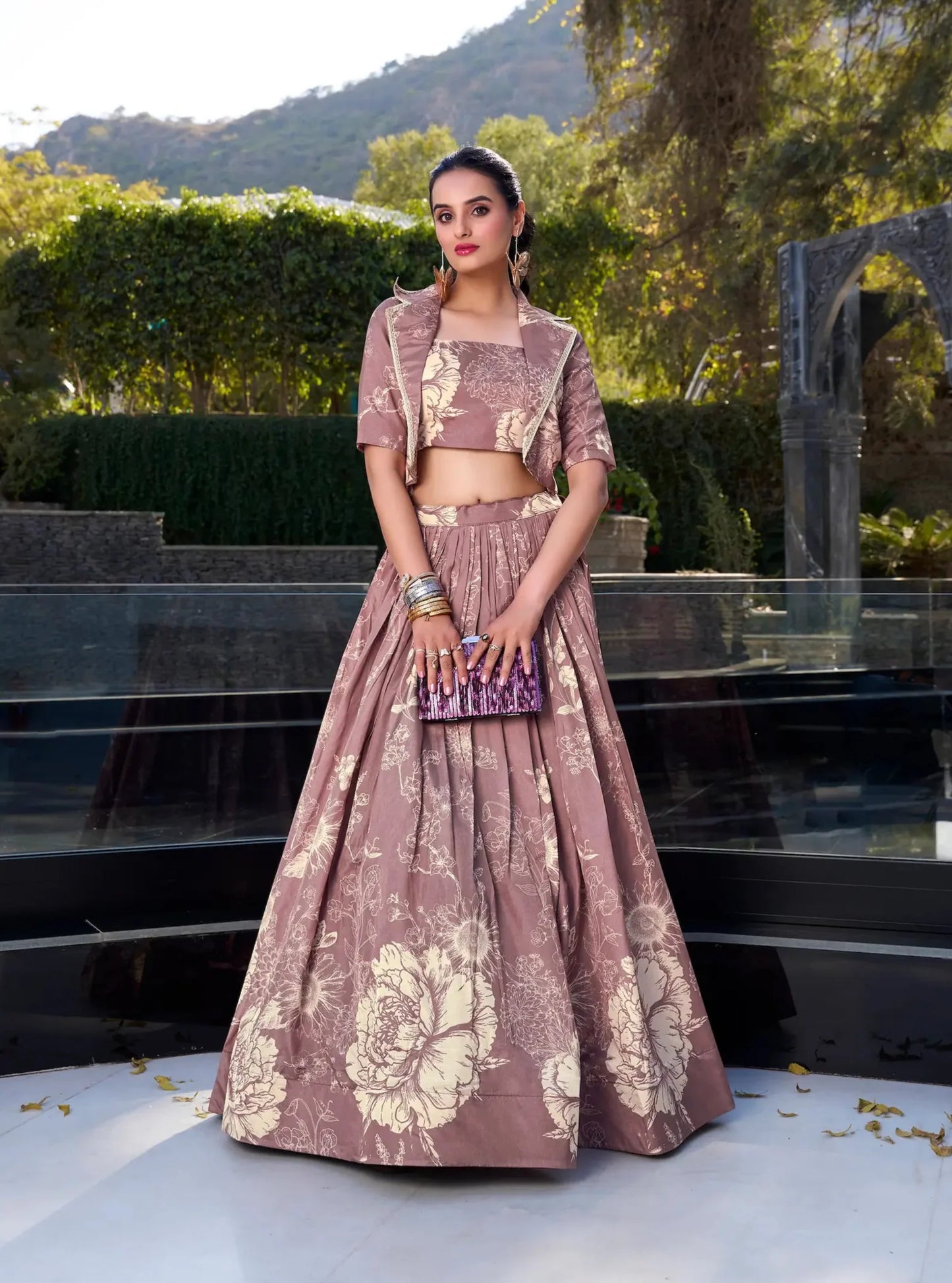 Onion Pink Tussar Silk Floral Printed Indo Western Set