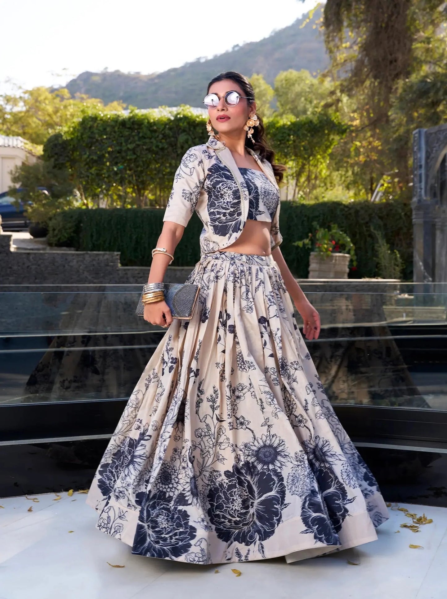 Beige Tussar Silk Floral Printed Indo Western Set