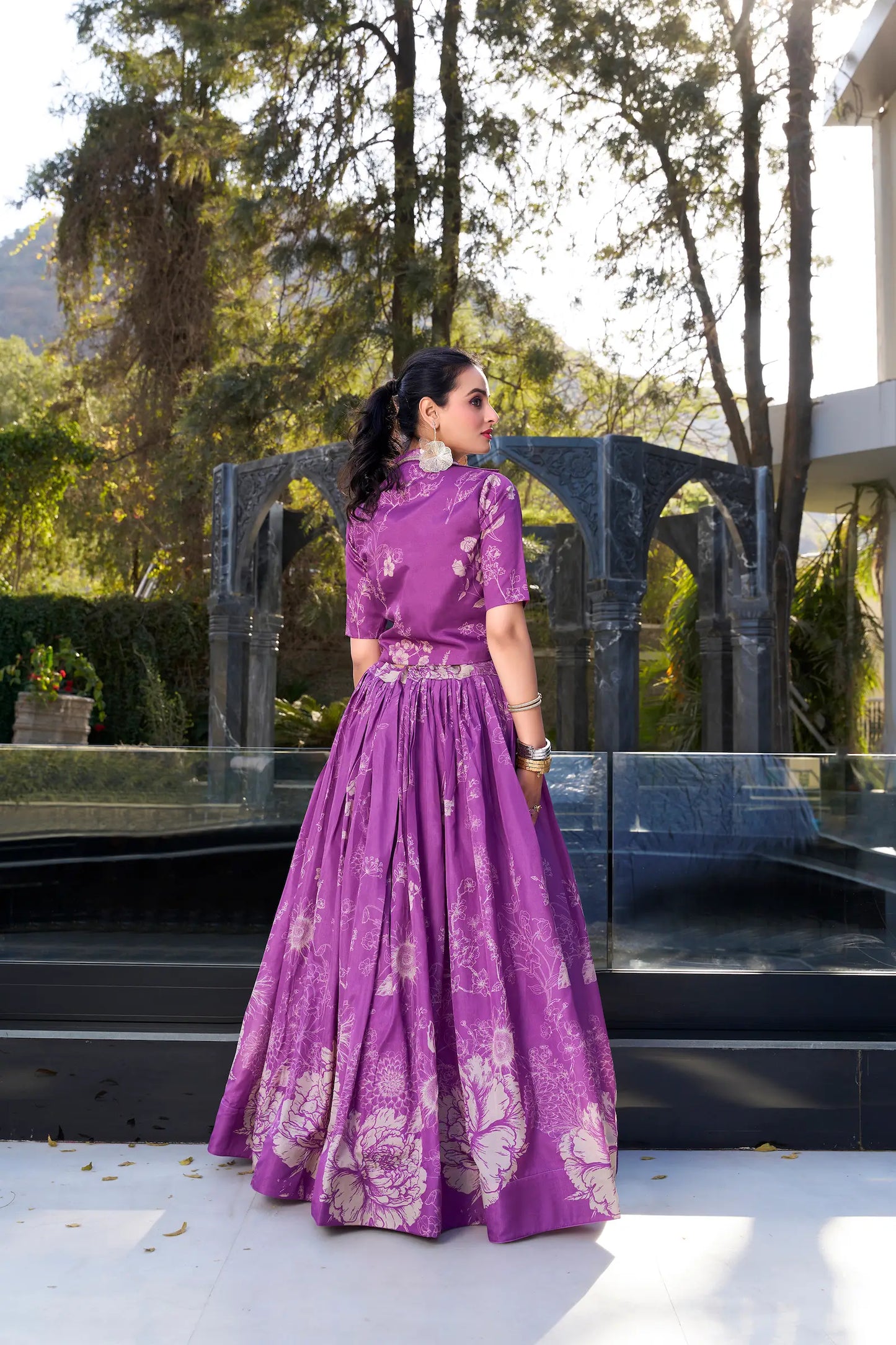 Purple Tussar Silk Floral Printed Indo Western Set