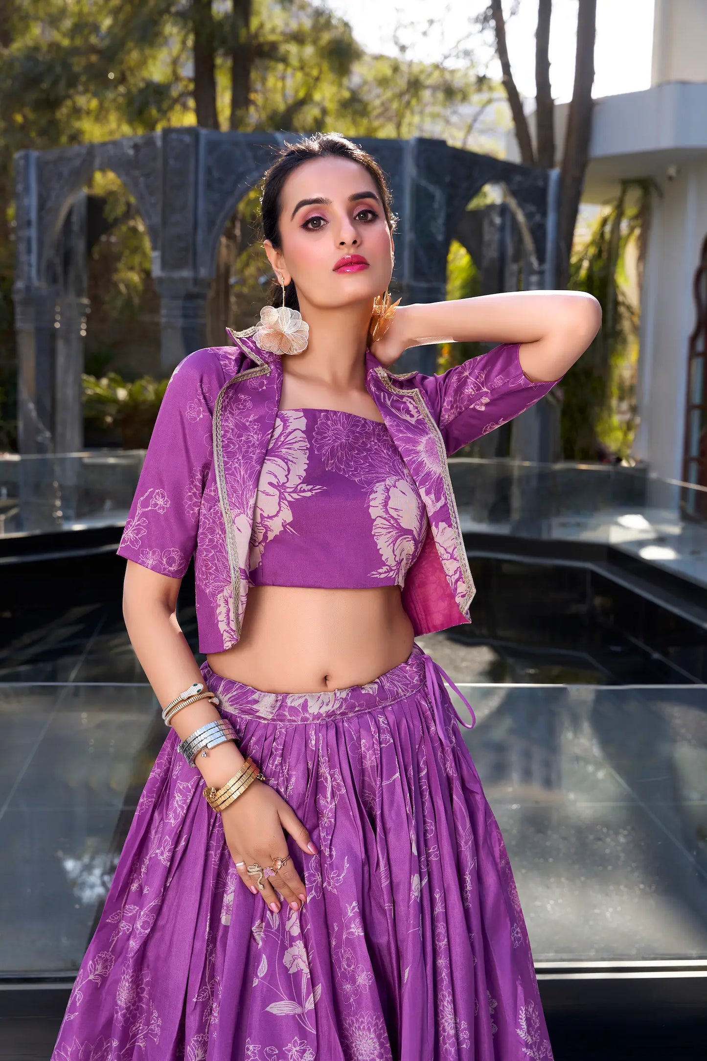 Purple Tussar Silk Floral Printed Indo Western Set