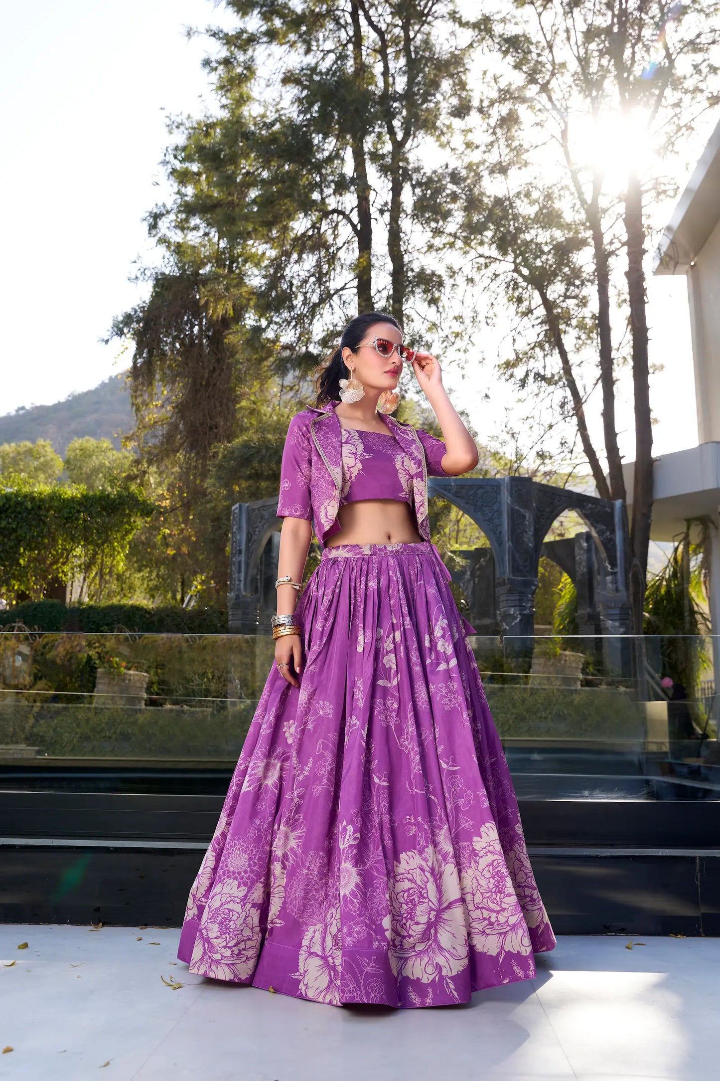 Purple Tussar Silk Floral Printed Indo Western Set
