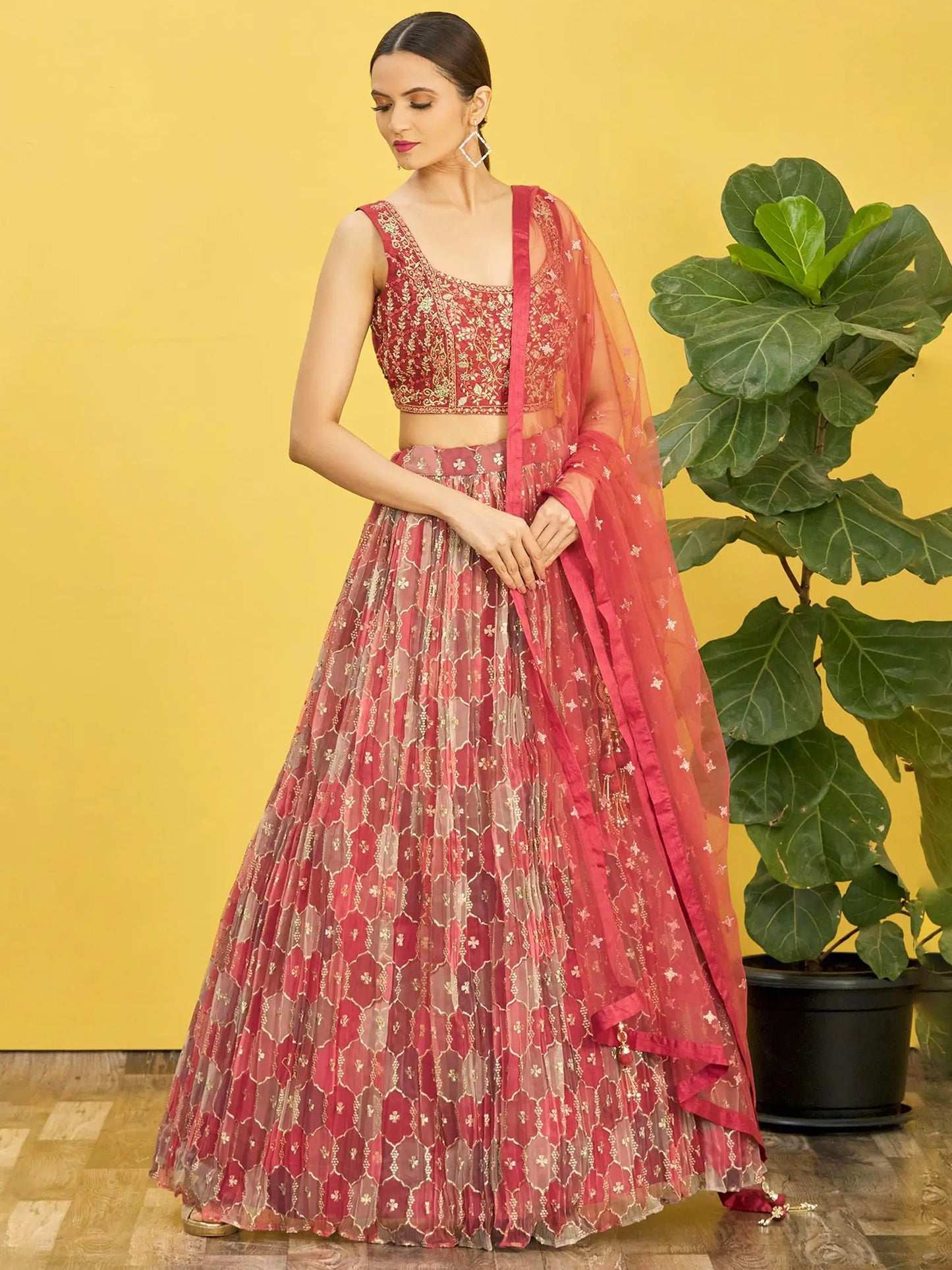 Red Brown Embroidered Choli & Printed Lehenga With Net Dupatta