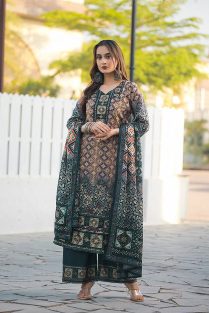 Dark Green Chinon Handwork & Printed Salwar Suit