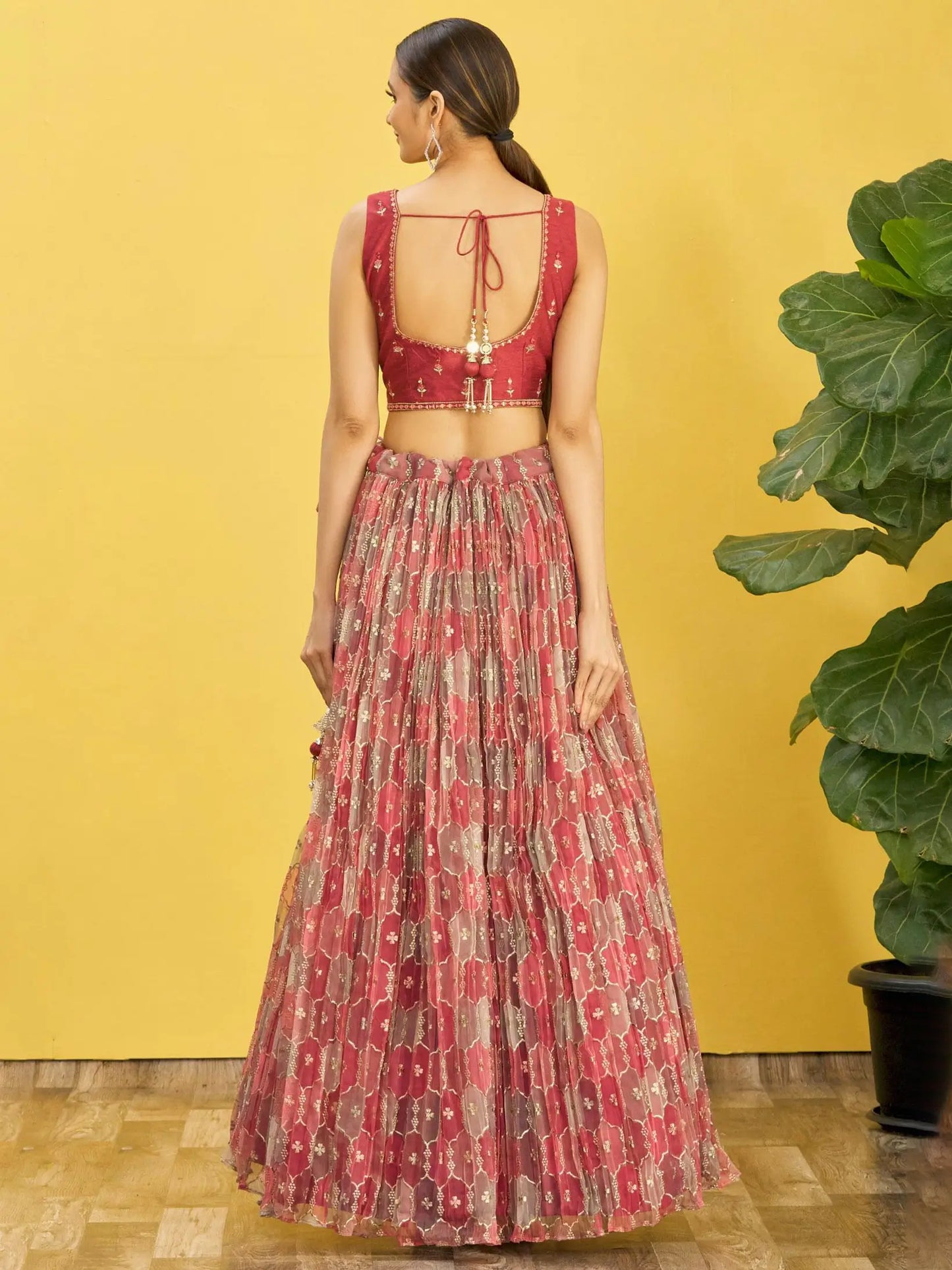 Red Brown Embroidered Choli & Printed Lehenga With Net Dupatta