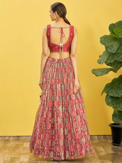 Red Brown Embroidered Choli & Printed Lehenga With Net Dupatta