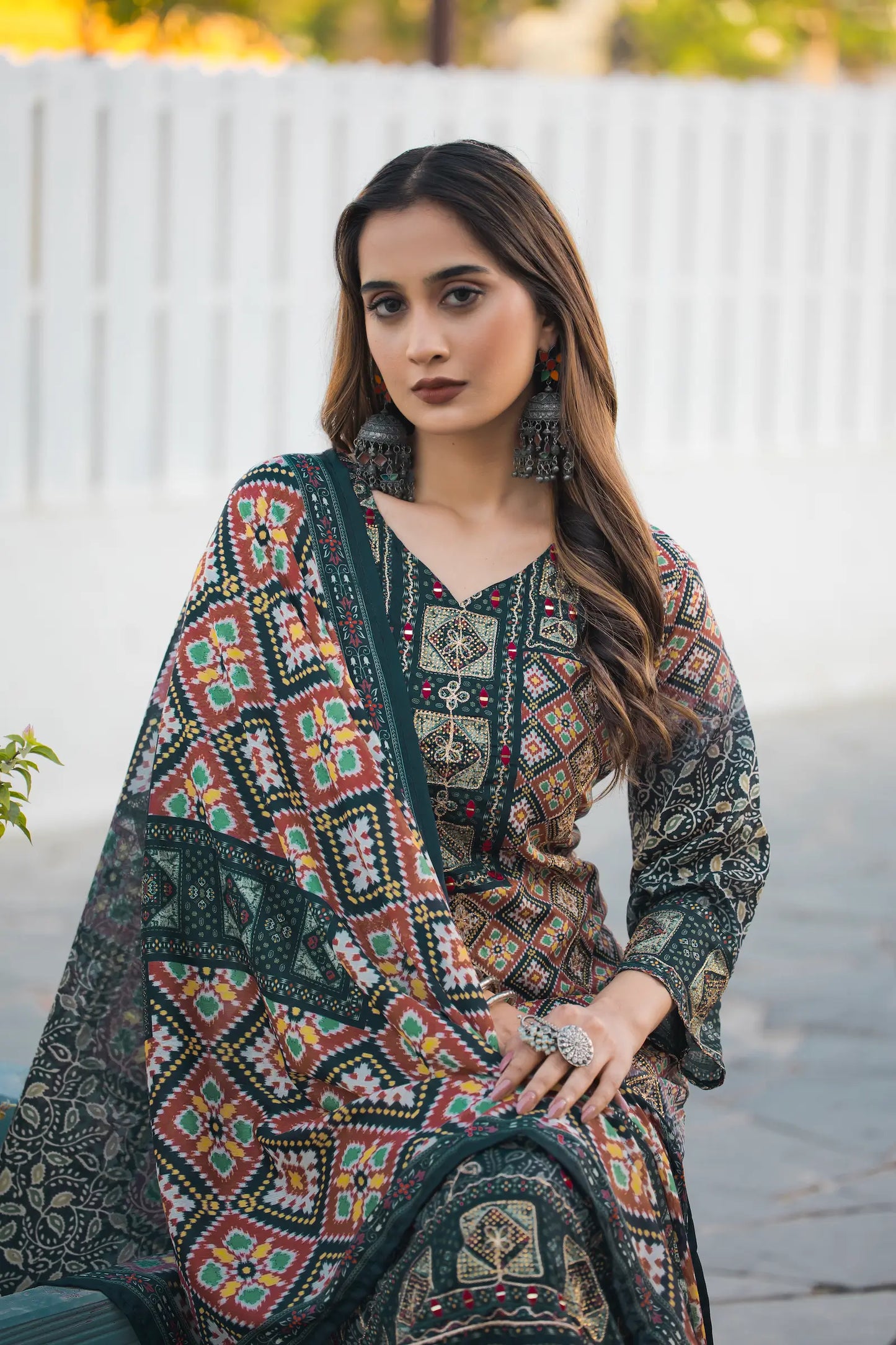 Dark Green Chinon Handwork & Printed Salwar Suit