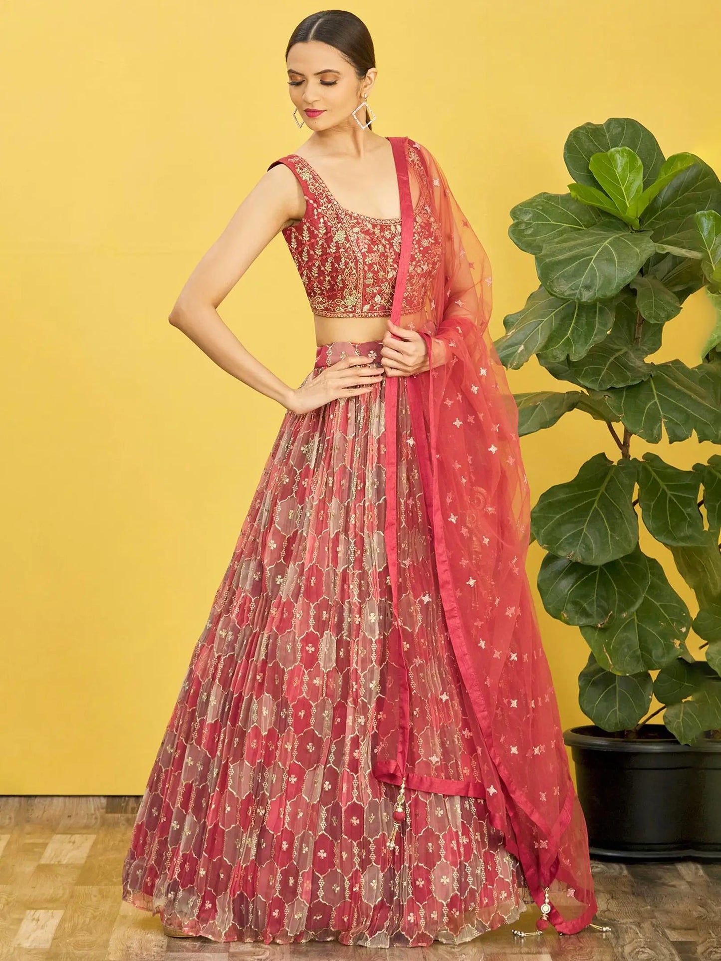Red Brown Embroidered Choli & Printed Lehenga With Net Dupatta