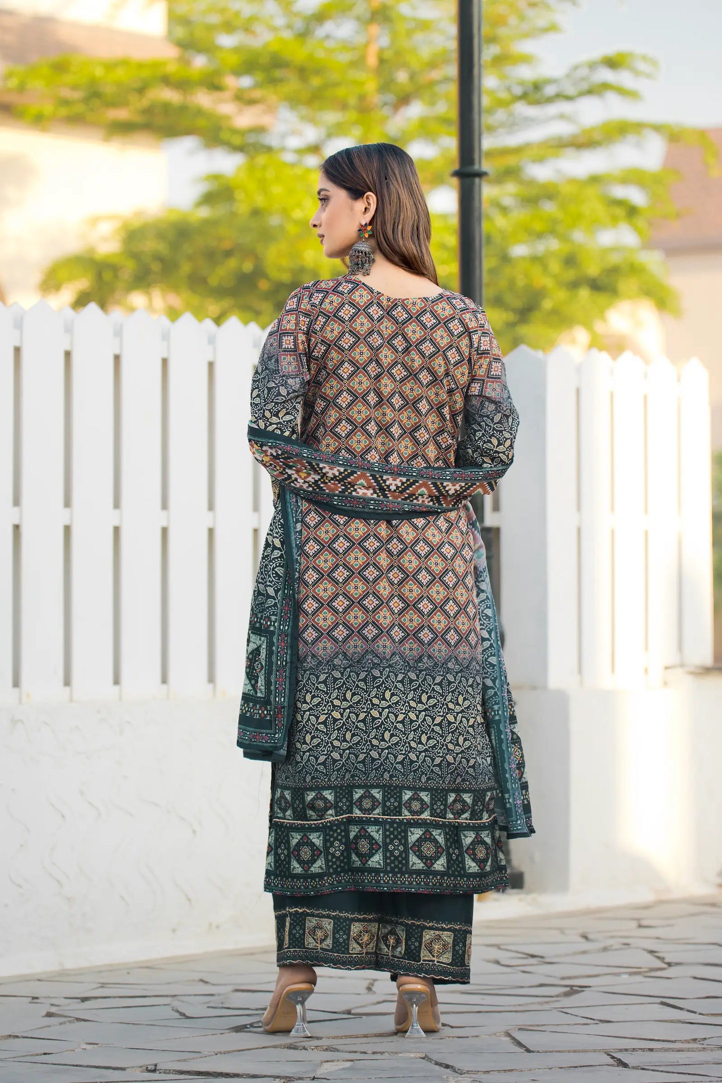 Dark Green Chinon Handwork & Printed Salwar Suit