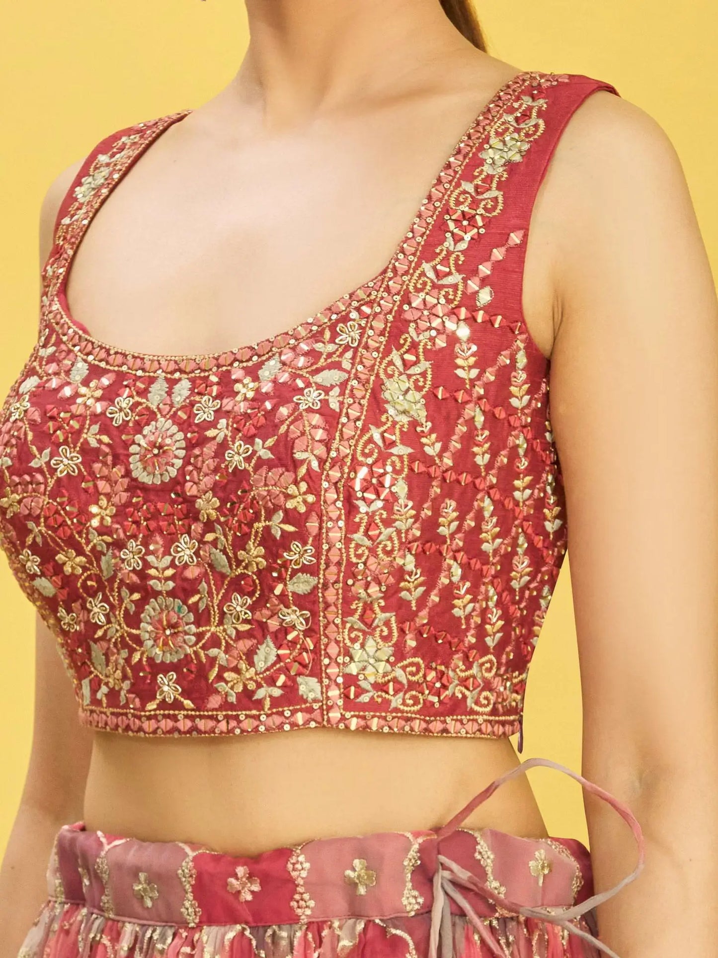 Red Brown Embroidered Choli & Printed Lehenga With Net Dupatta