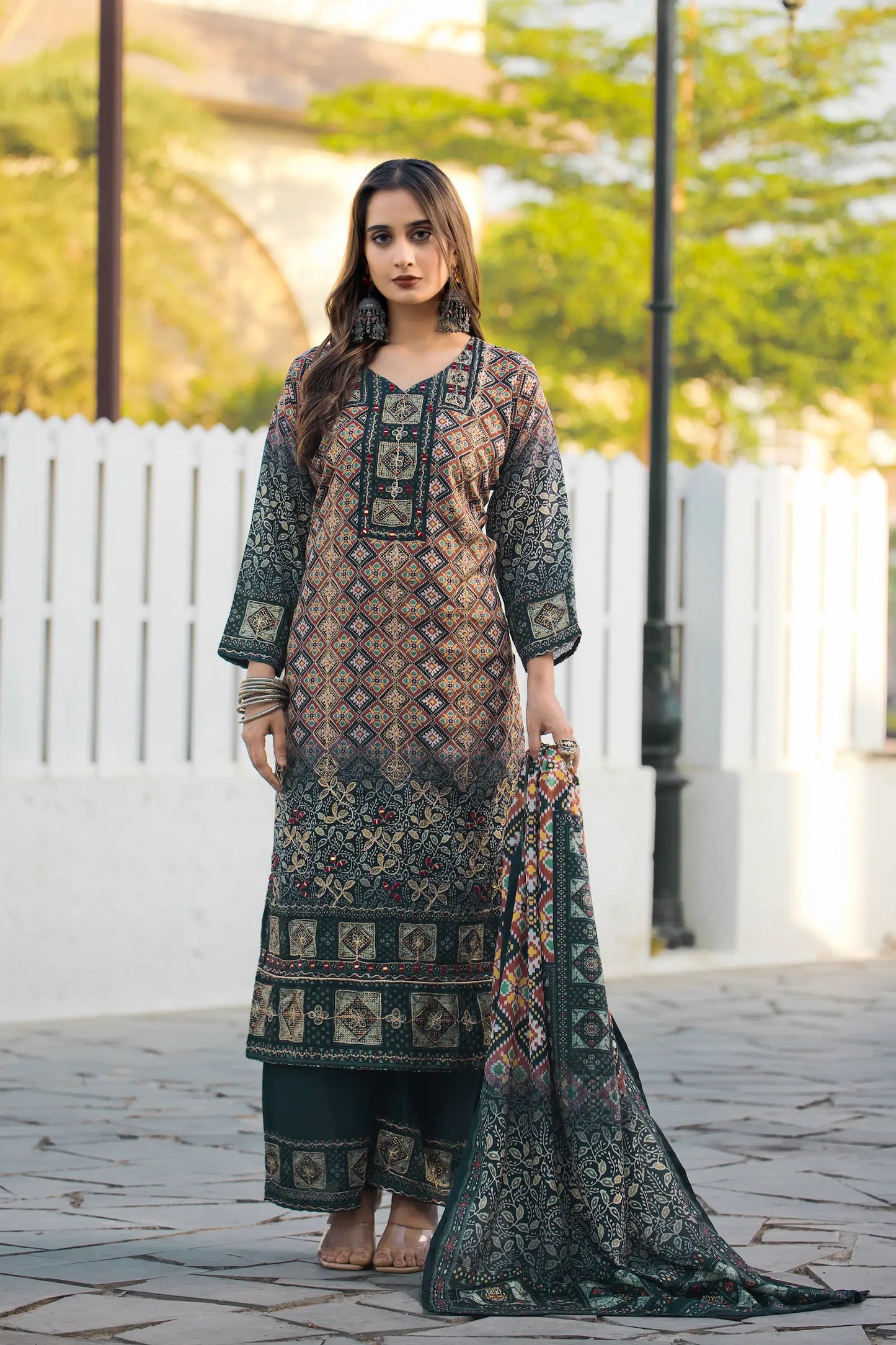 Dark Green Chinon Handwork & Printed Salwar Suit