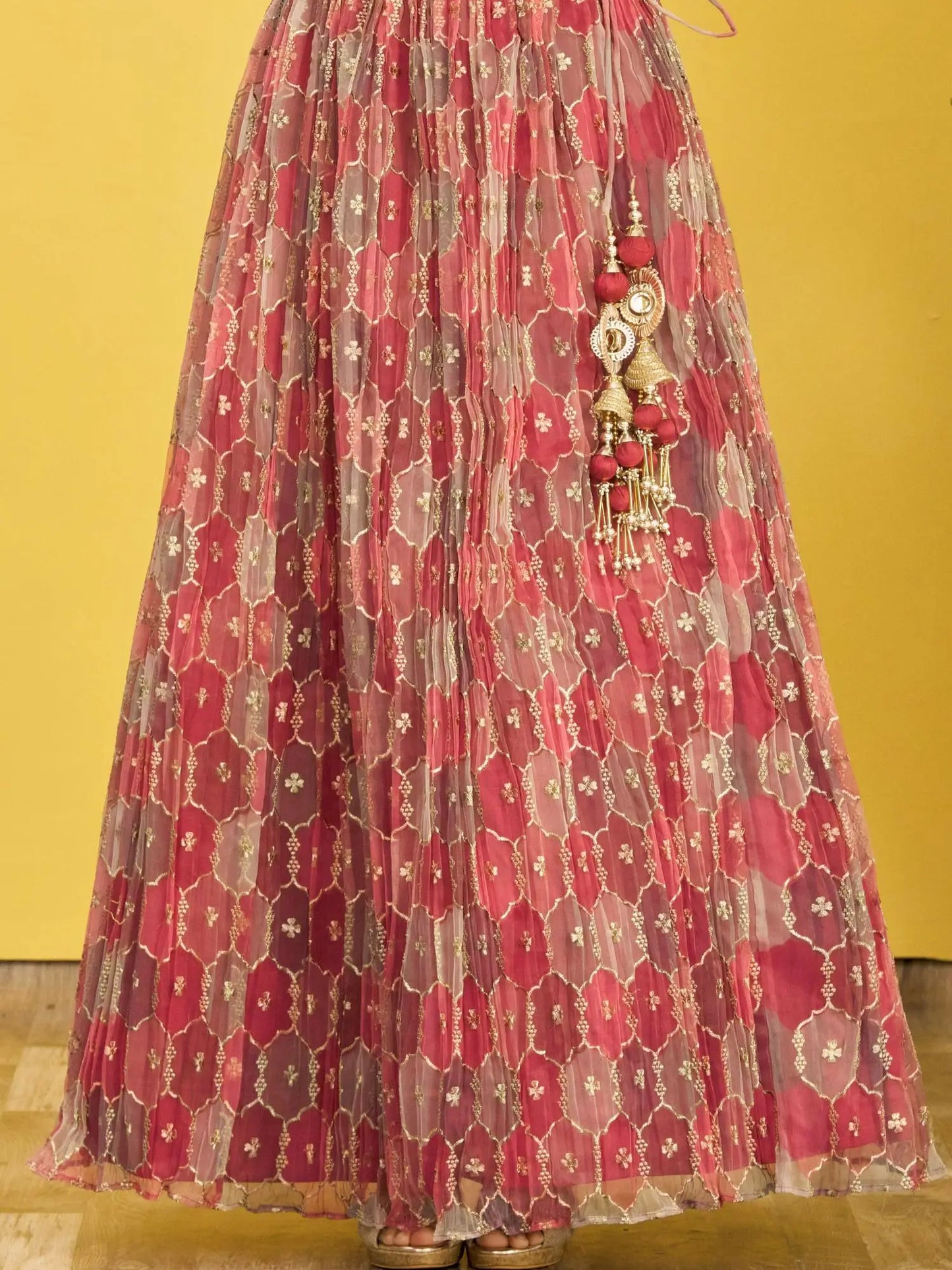 Red Brown Embroidered Choli & Printed Lehenga With Net Dupatta