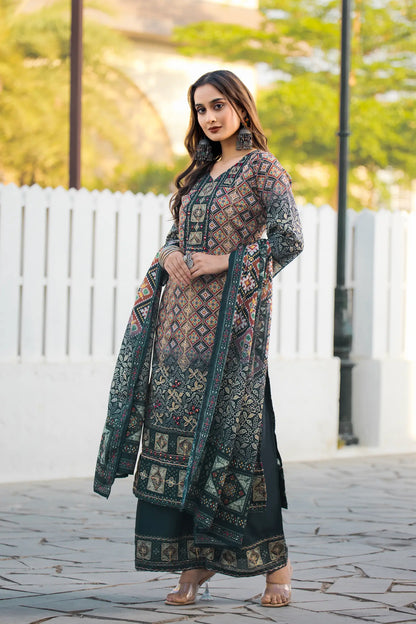 Dark Green Chinon Handwork & Printed Salwar Suit