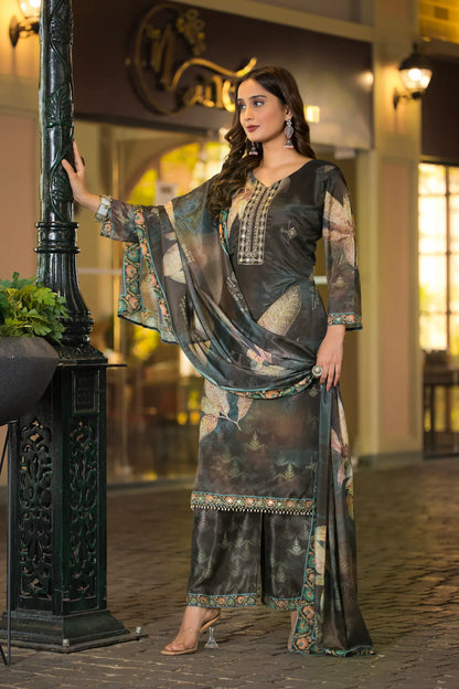 Dark Grey Chinon Handwork & Printed Salwar Suit