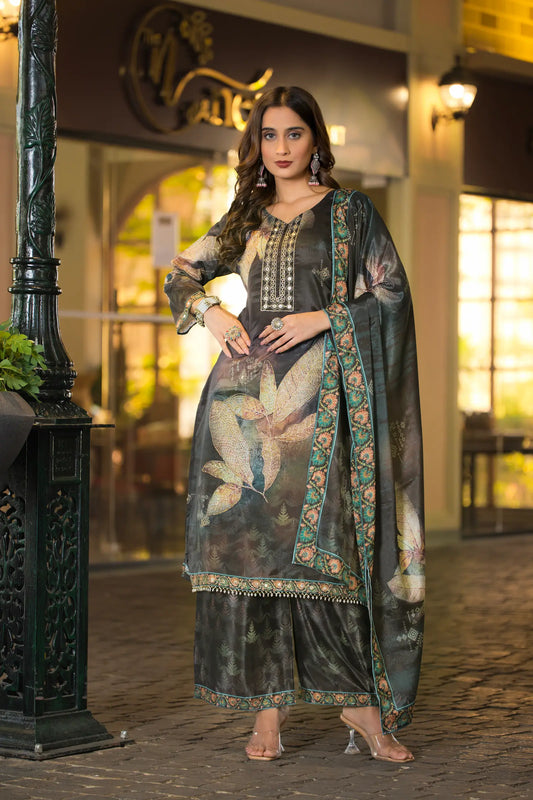 Dark Grey Chinon Handwork & Printed Salwar Suit