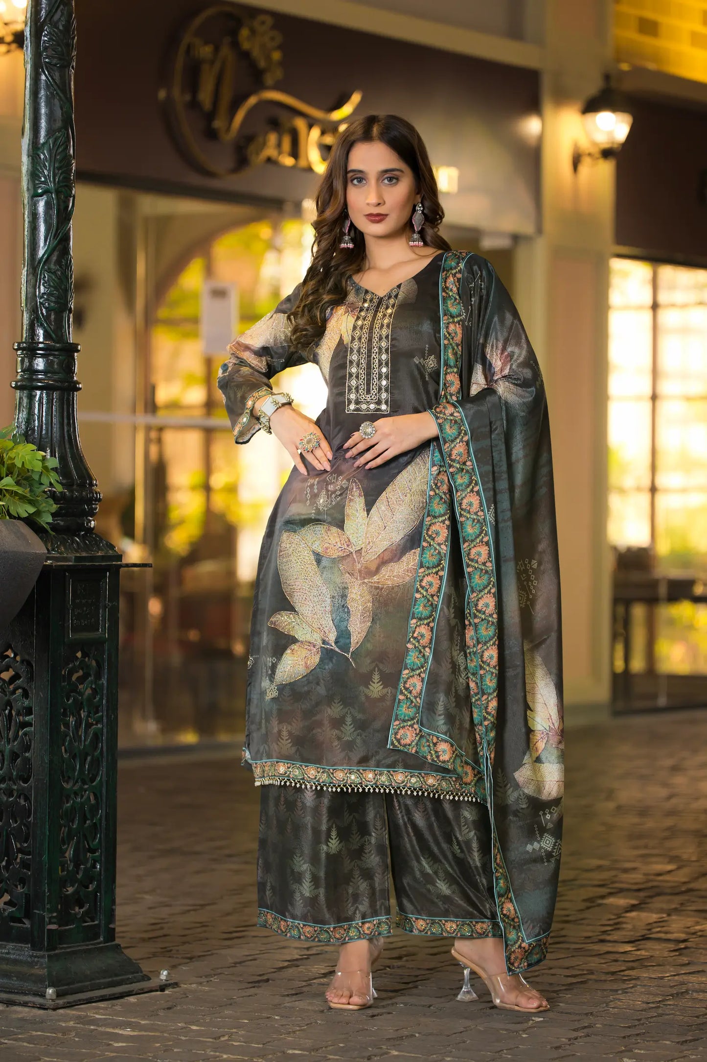 Dark Grey Chinon Handwork & Printed Salwar Suit