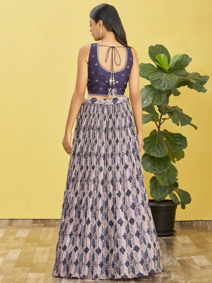 Wine Lehenga With Digital Print And Thread Zari Sequins Embroidery Real Mirror Work