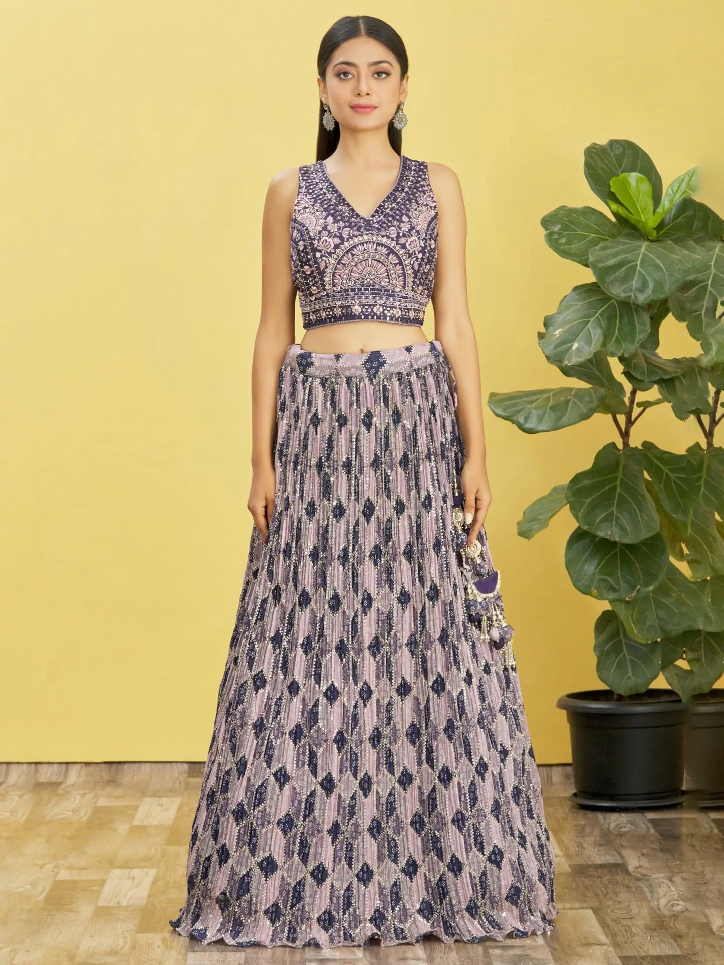 Wine Lehenga With Digital Print And Thread Zari Sequins Embroidery Real Mirror Work