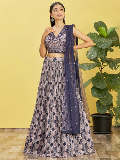 Wine Lehenga With Digital Print And Thread Zari Sequins Embroidery Real Mirror Work