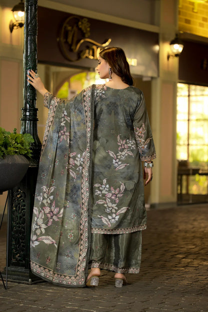 Olive Green Chinon Handwork & Printed Salwar Suit
