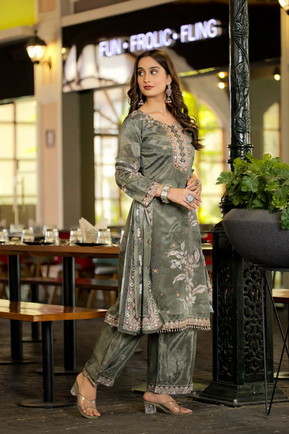 Olive Green Chinon Handwork & Printed Salwar Suit