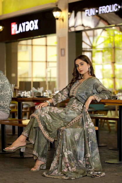 Olive Green Chinon Handwork & Printed Salwar Suit