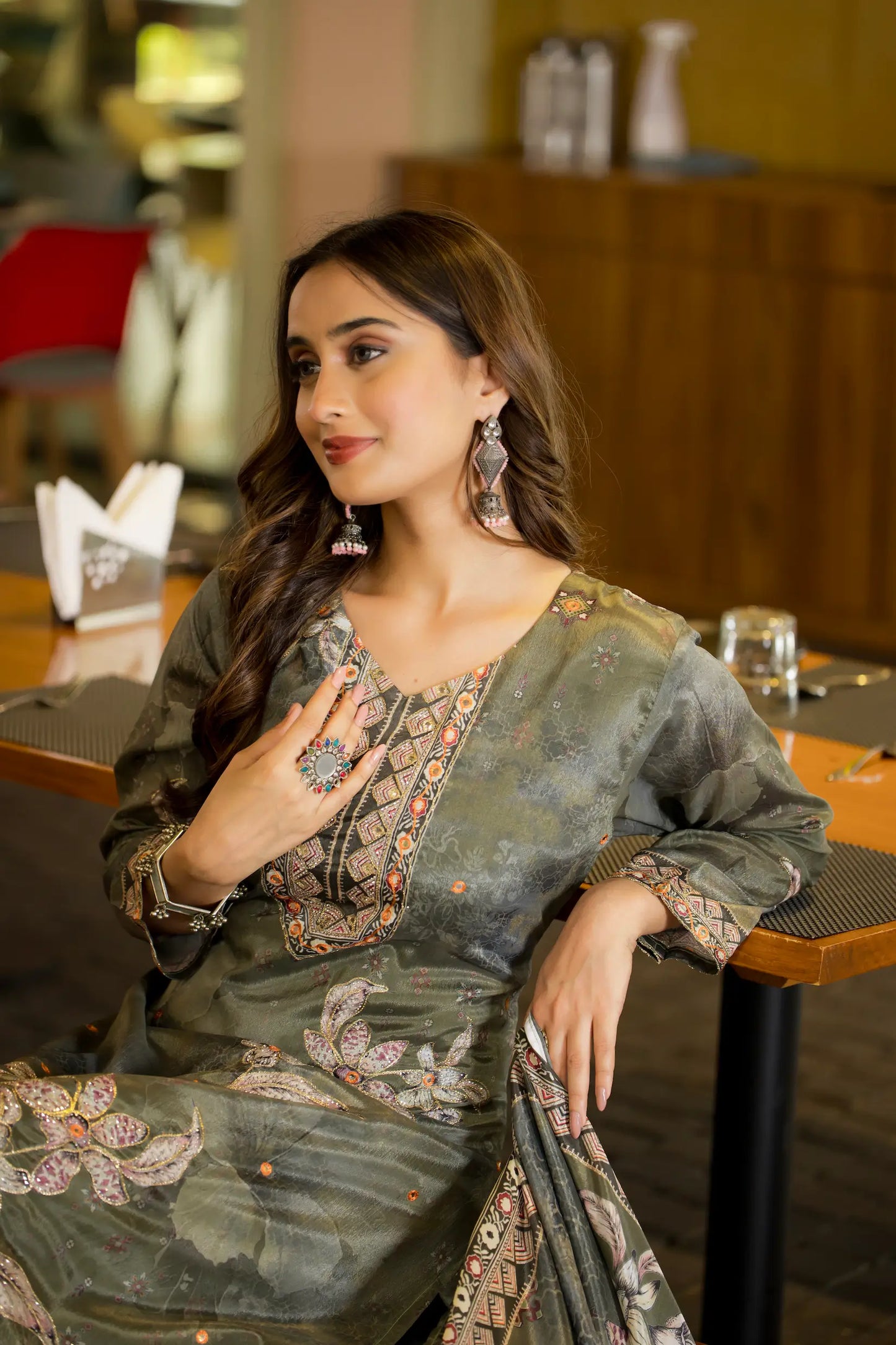 Olive Green Chinon Handwork & Printed Salwar Suit