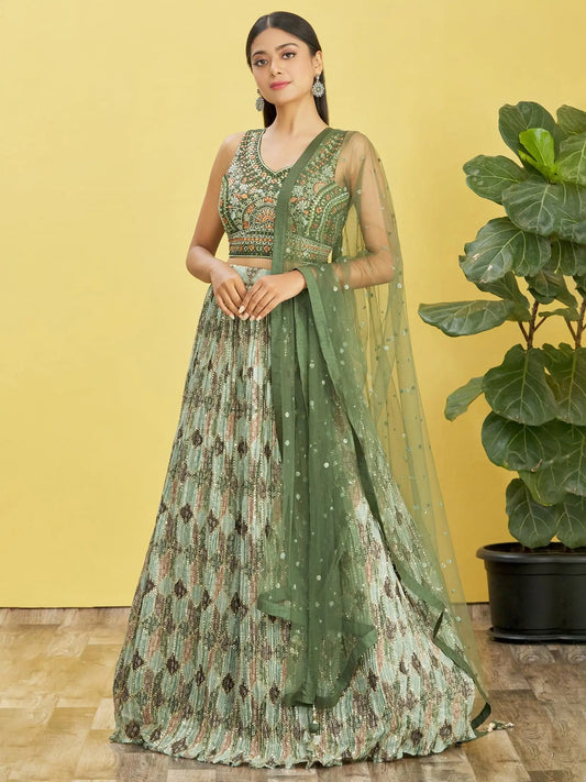 Green Lehenga With Digital Print And Thread Zari Sequins Embroidery Real Mirror Work